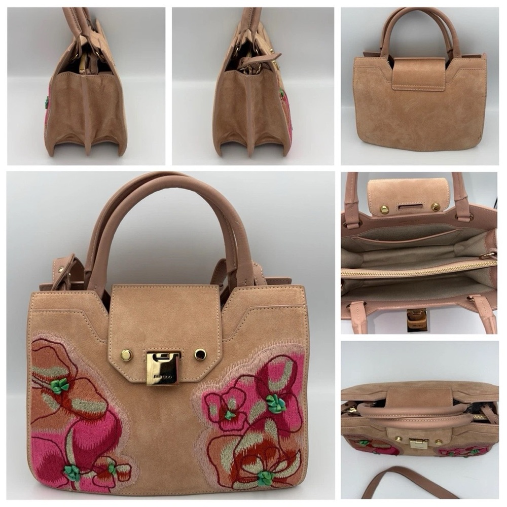 Jimmy Choo Dusty Pink Floral Embroidered Suede and Leather Riley Tote